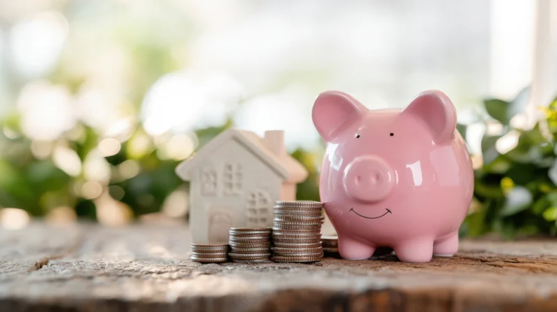 Pink piggybank with stacked coins and miniature house on wooden surface near greenery