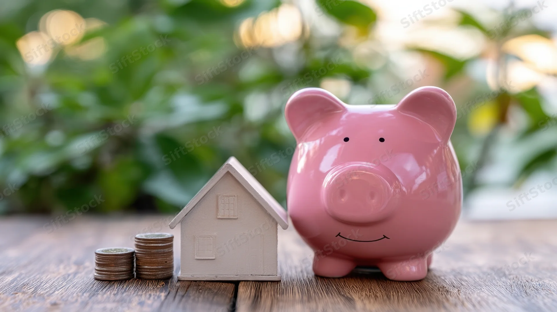 Pink piggybank and miniature house with stacked coins on wooden table near green plants