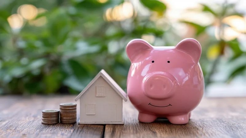 Pink piggybank and miniature house with stacked coins on wooden table near green plants