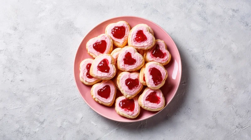 Heart-shaped cookies with pink frosting and red jam on a pink plate on a gray textured surface