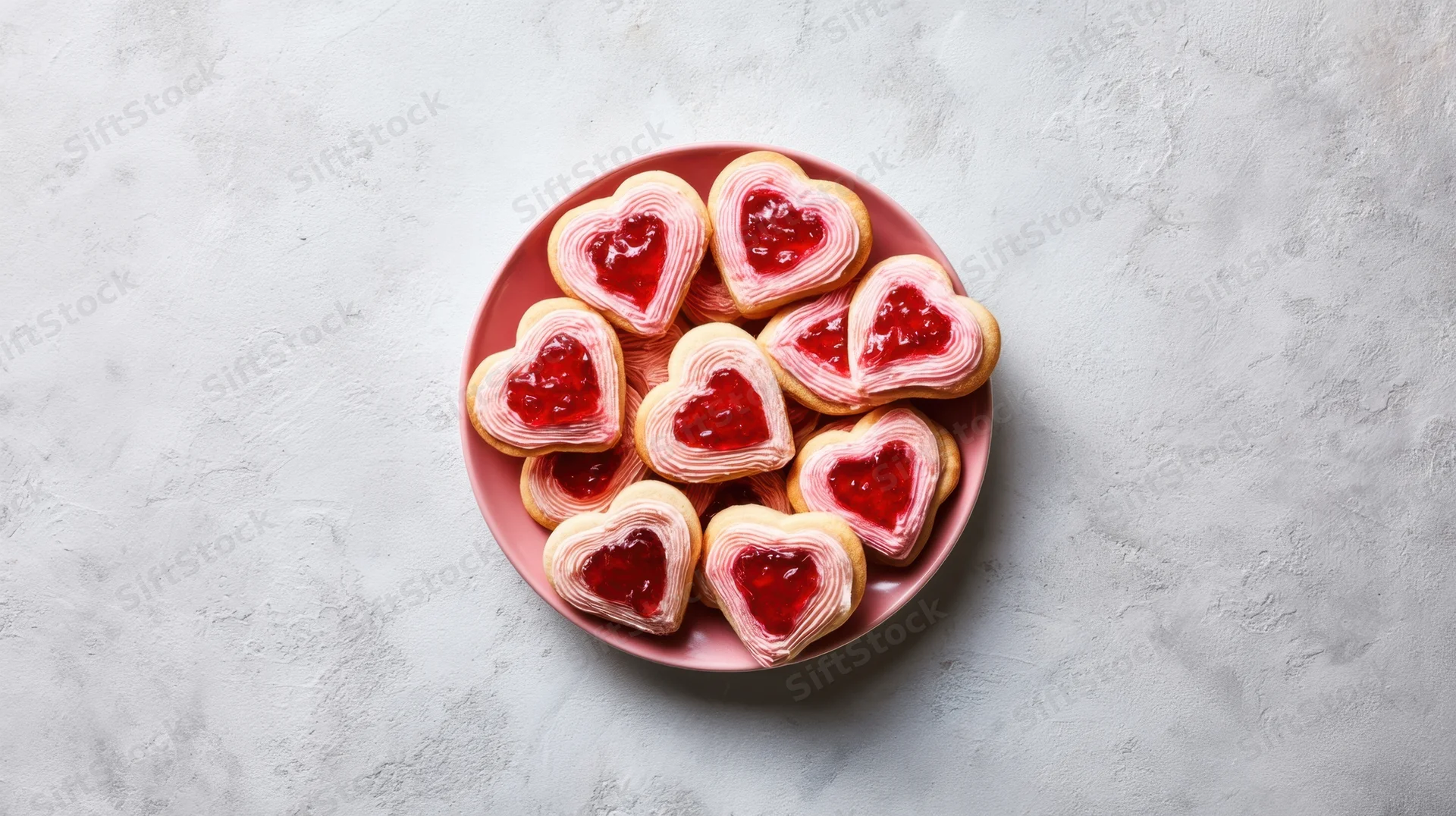 Heart-shaped cookies with red jam on a pink plate on a white textured surface