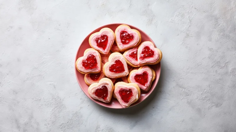 Heart-shaped cookies with red jam on a pink plate on a white textured surface