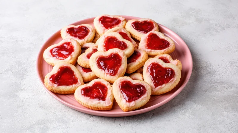 Heart-shaped cookies with red jam on a pink plate on a light surface