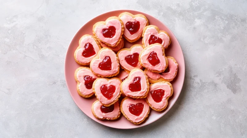 Heart-shaped cookies with pink frosting and red jam on a pink plate on a gray surface