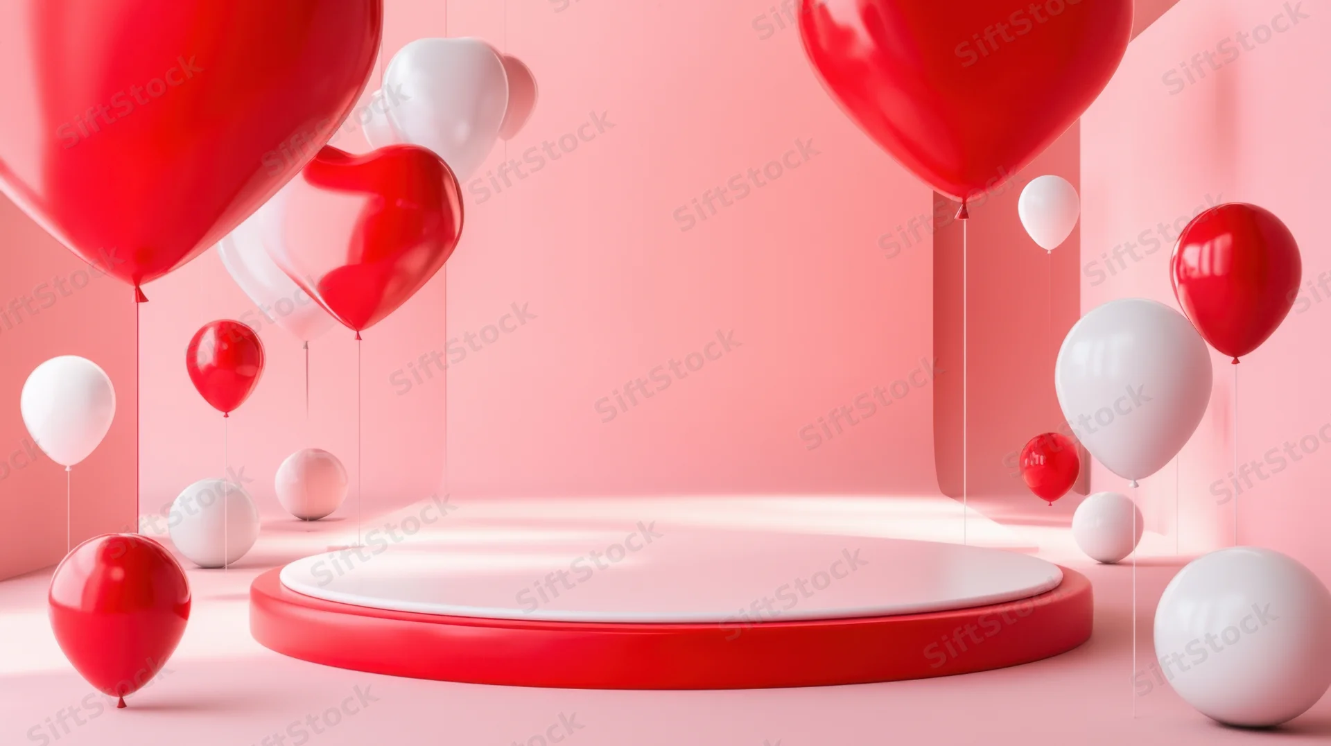 Red and white heart-shaped balloons floating around a circular podium in a pink studio space