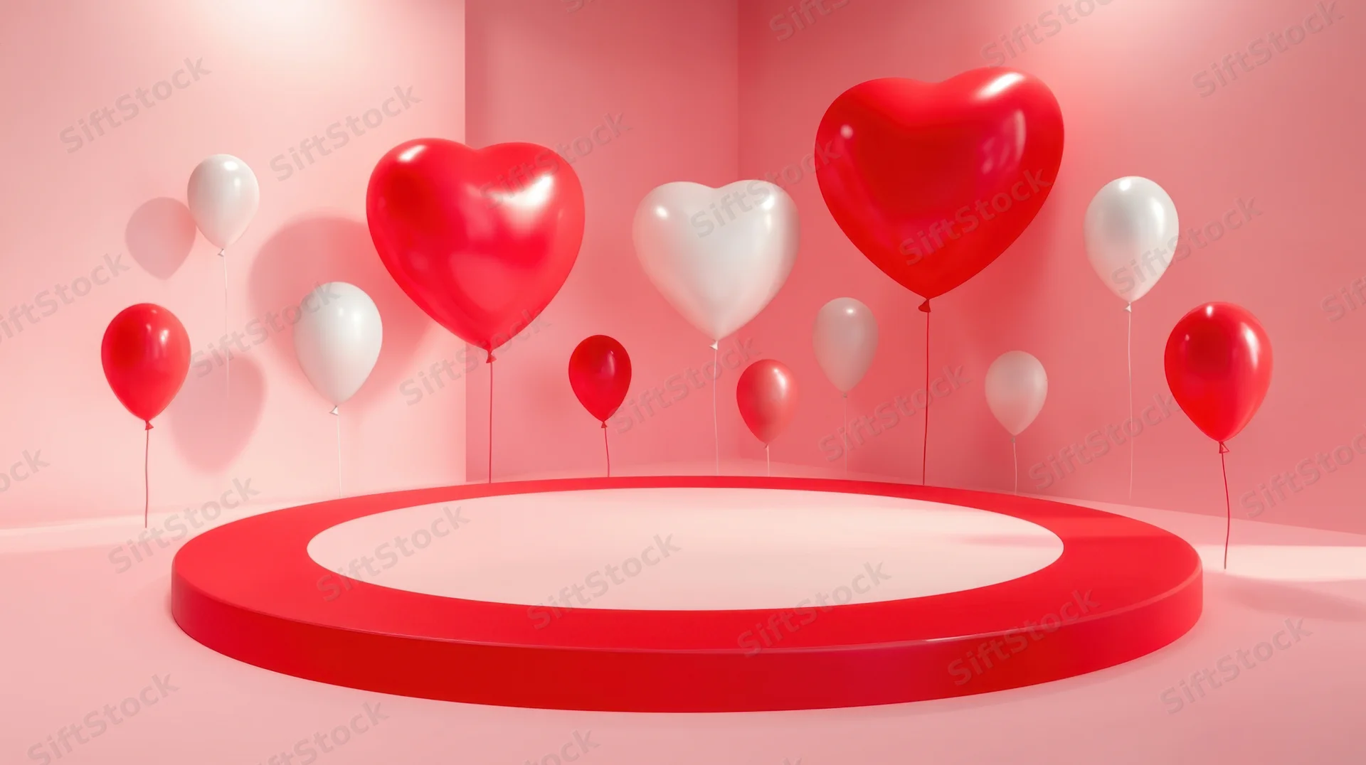 Heart-shaped balloons floating around a red circular stage in a pink room