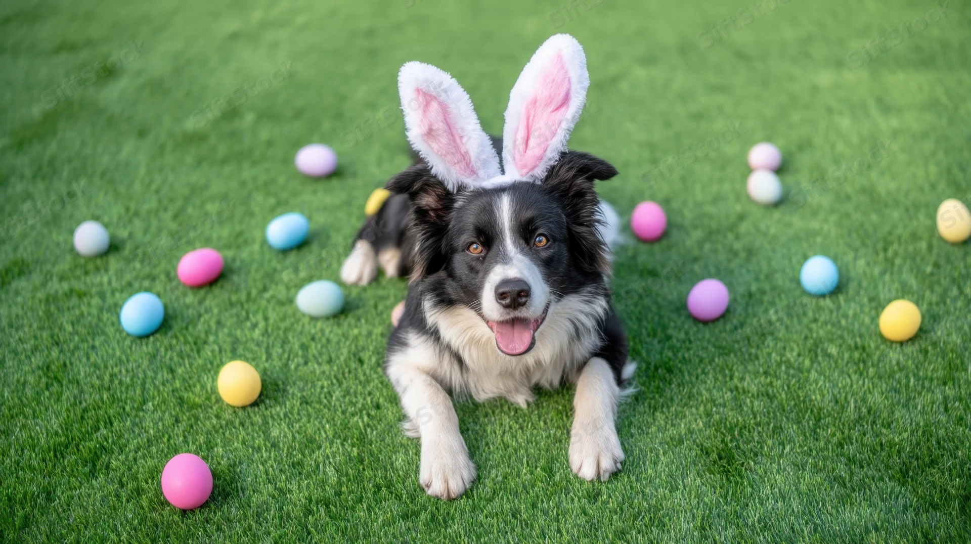 Border collie wearing bunny ears lying on grass surrounded by colorful easter eggs