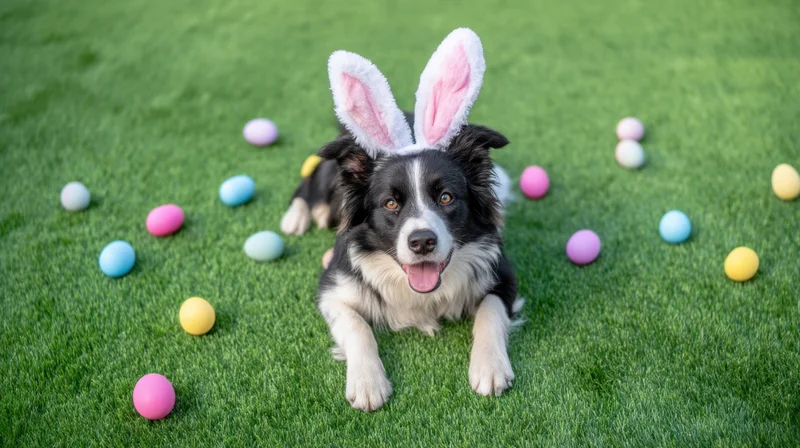 Border collie wearing bunny ears lying on grass surrounded by colorful easter eggs