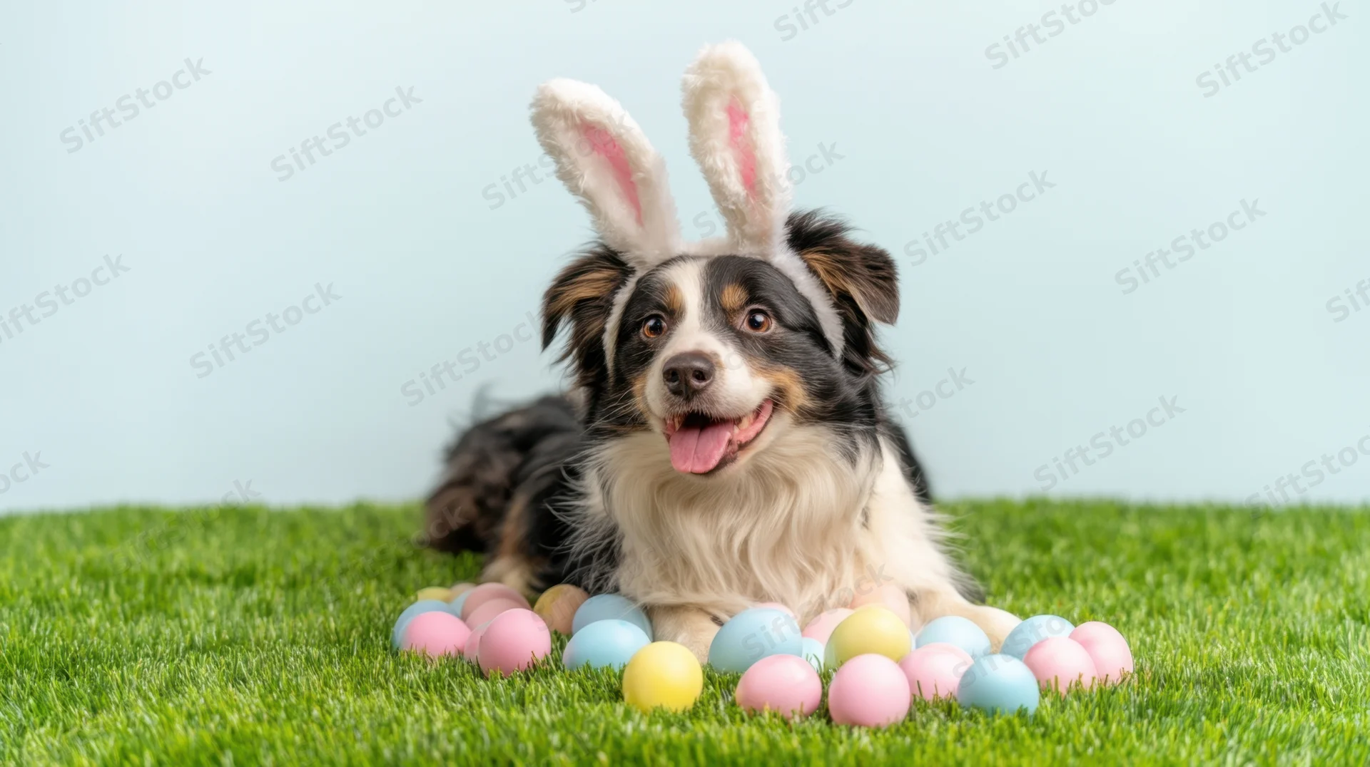 Dog wearing bunny ears lying on grass surrounded by colorful easter eggs