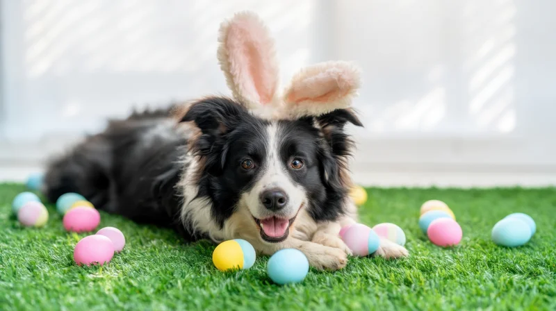 Border collie wearing bunny ears lying on grass surrounded by colorful easter eggs
