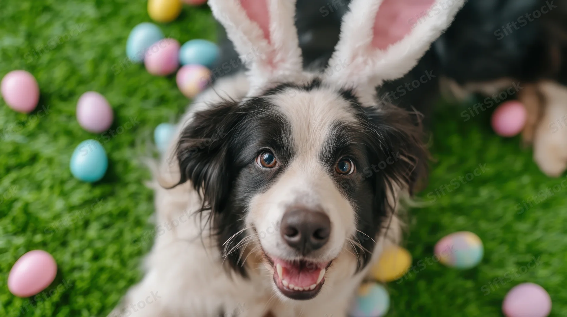 Playful dog wearing bunny ears on grass with colorful easter eggs around