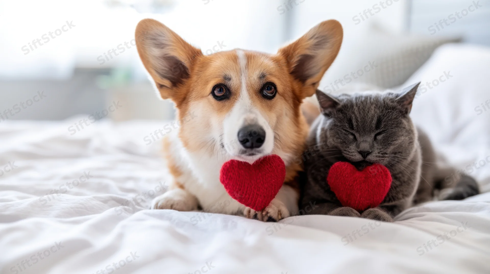 Corgi and gray cat lying on a white bed, each holding a red knitted heart in their paws