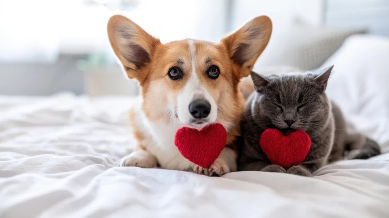 Corgi and gray cat lying on a white bed, each holding a red knitted heart in their paws
