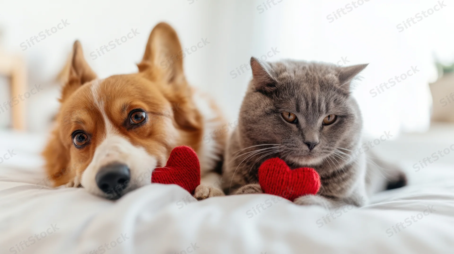 Dog and cat lying together on a bed holding red knitted hearts