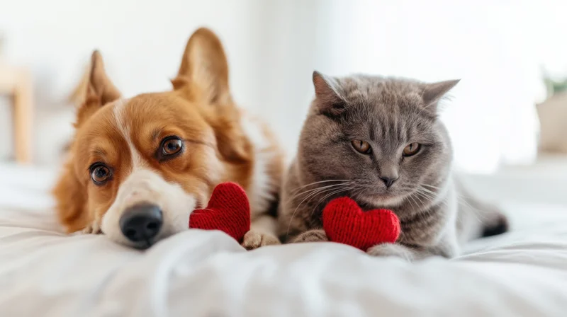 Dog and cat lying together on a bed holding red knitted hearts