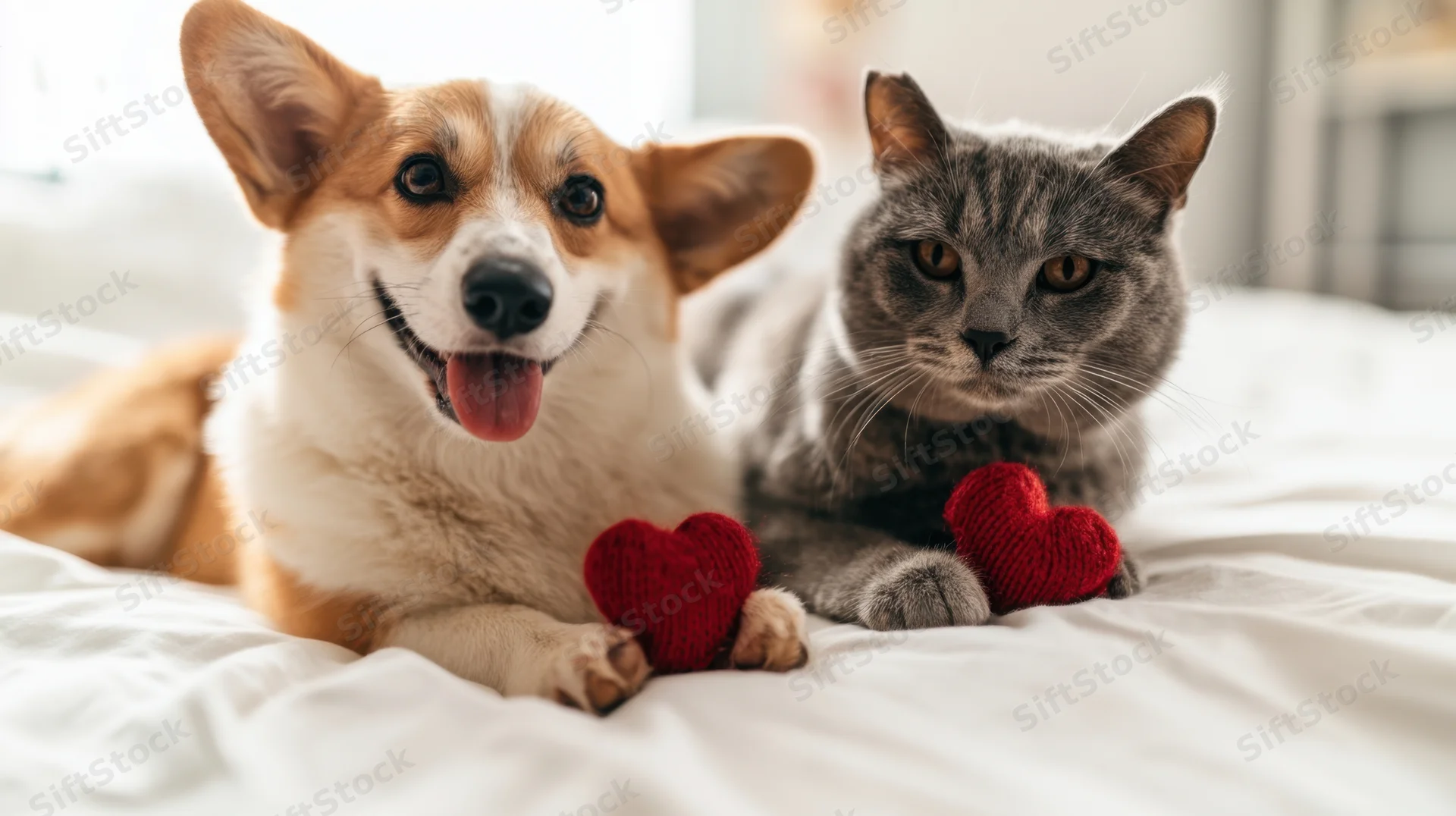 Corgi and tabby cat lying on bed holding red knitted hearts