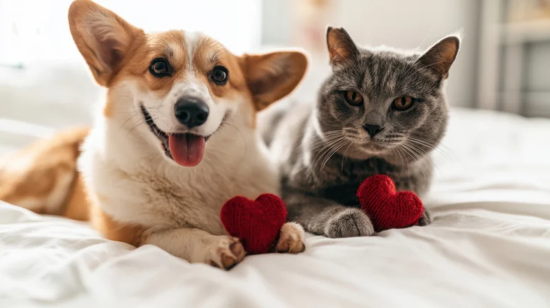 Corgi and tabby cat lying on bed holding red knitted hearts