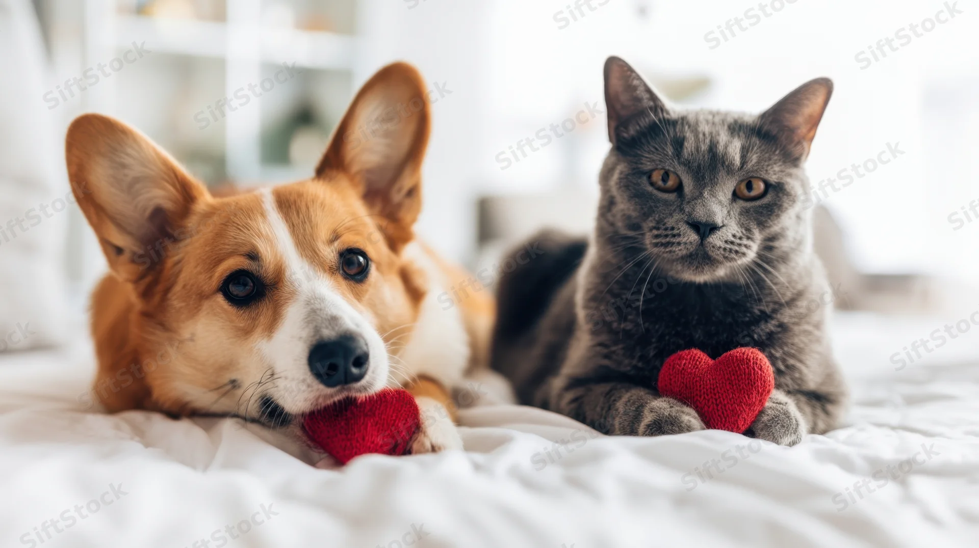 Corgi and tabby cat lying together on a white bed holding red knitted hearts