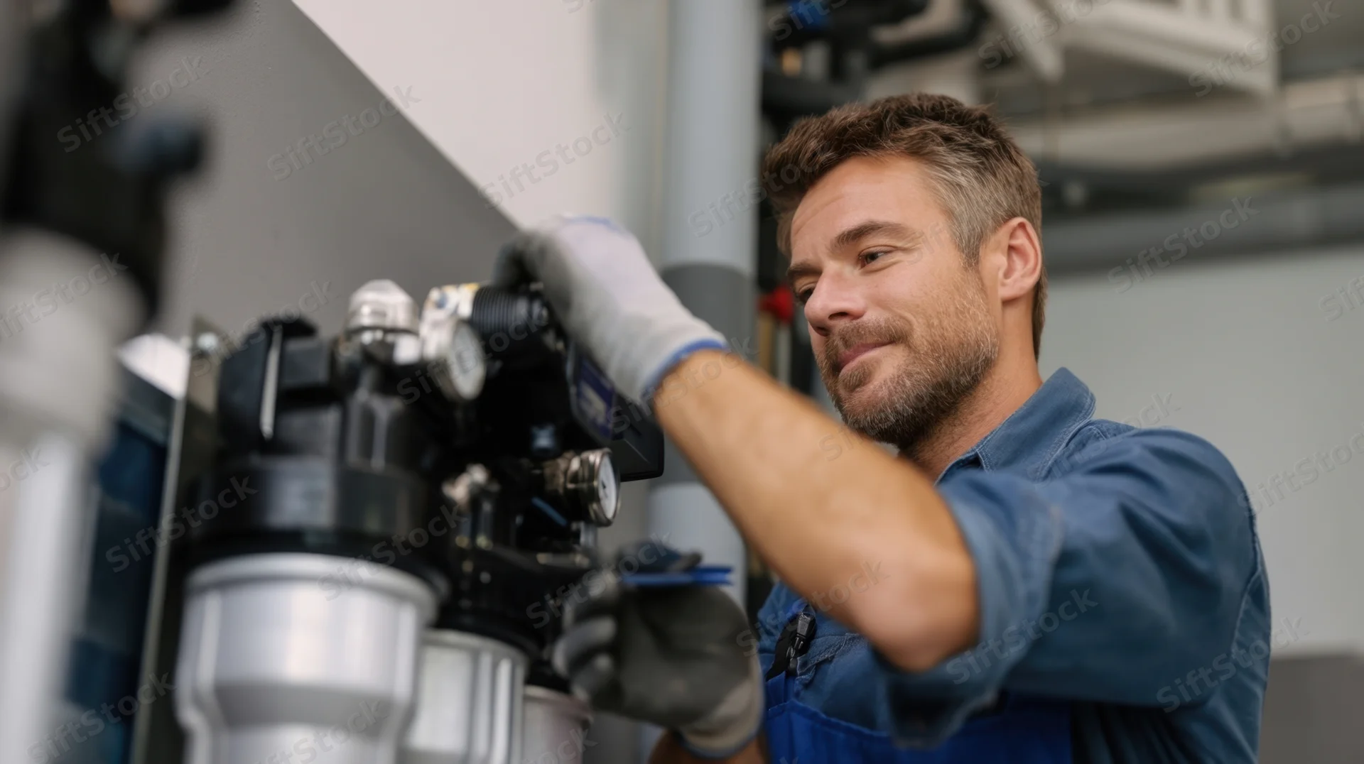 Plumber adjusting valve on industrial pipe system in workshop