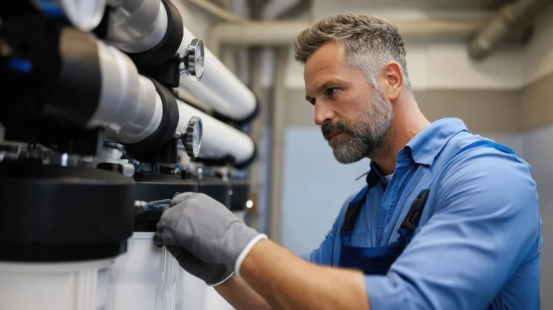 Plumber adjusting pipe fittings in a workshop