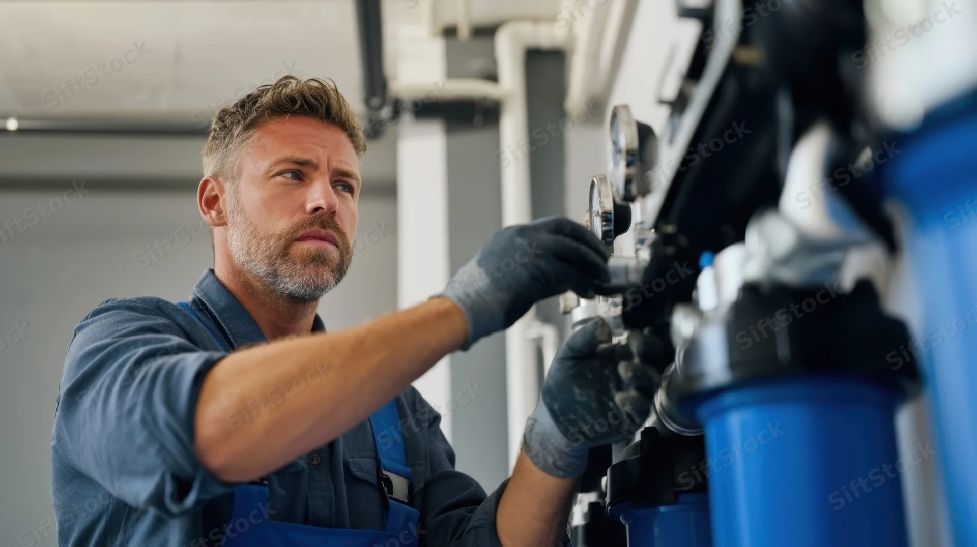Plumber adjusting valve on water filtration system in workshop
