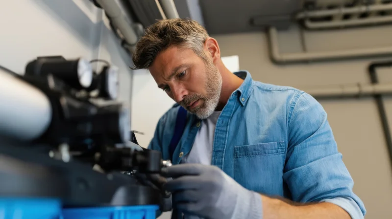 Plumber concentrating on repairing a pipe in a workshop
