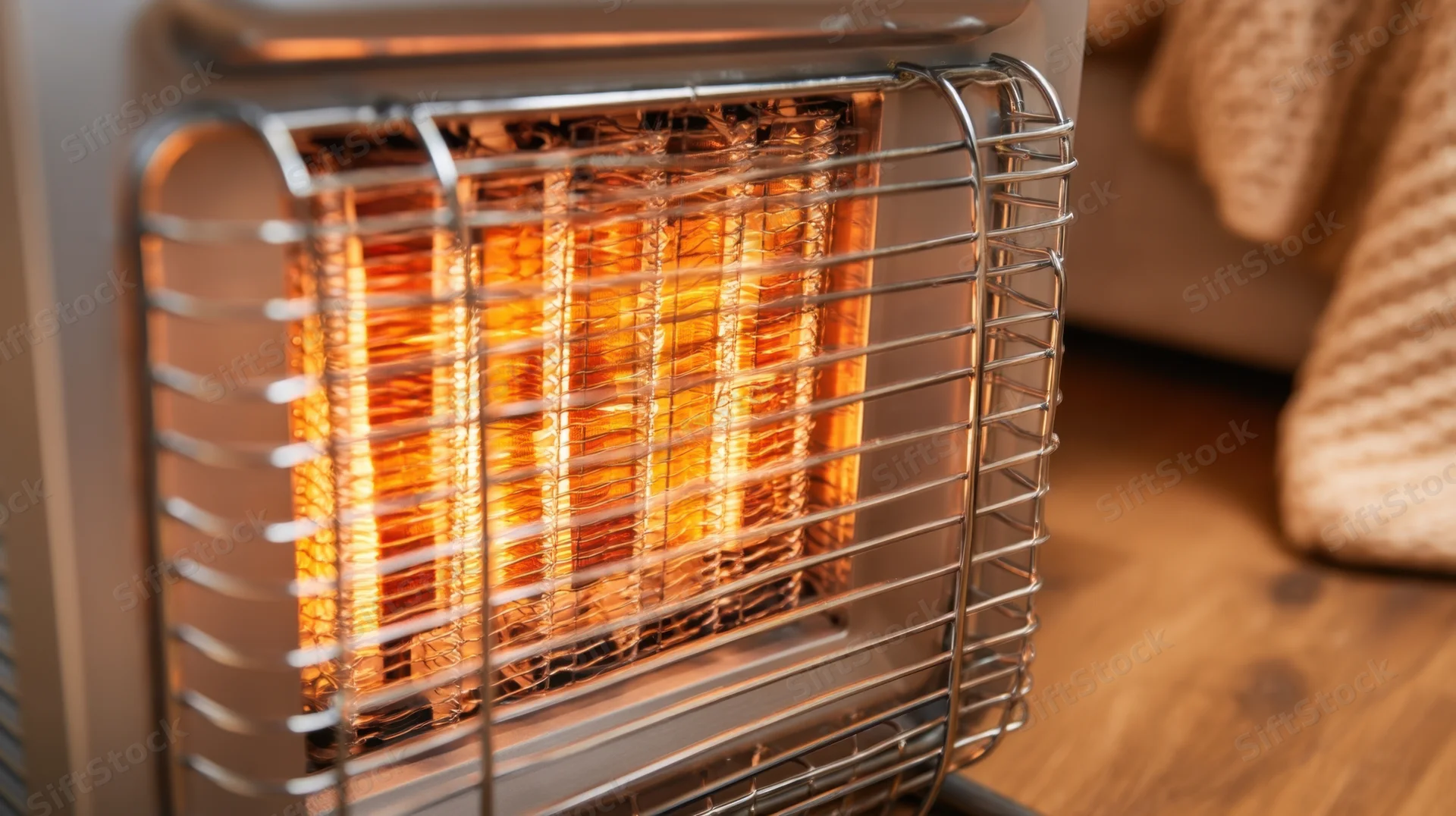 Portable electric heater glowing with orange light on wooden floor near blanket