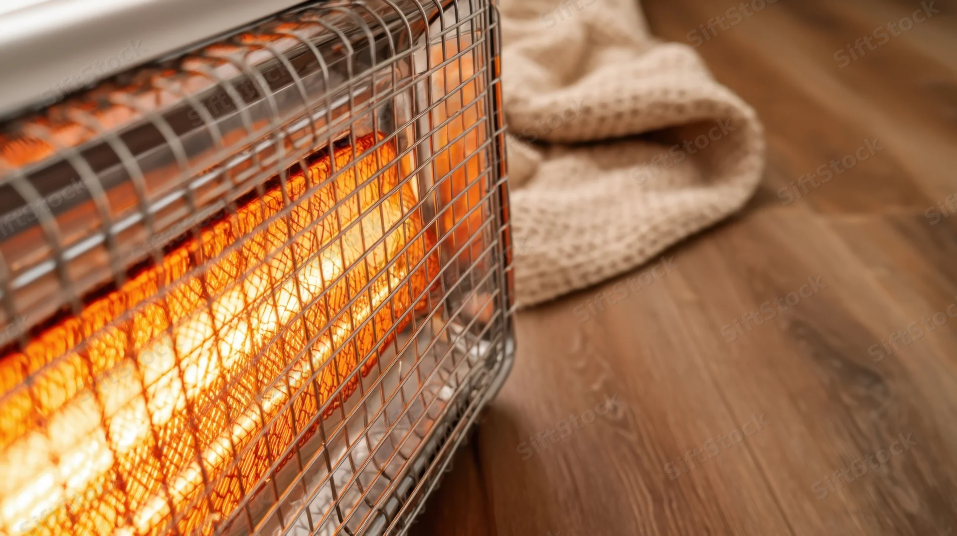 Portable electric heater glowing on wooden floor beside a knitted sweater