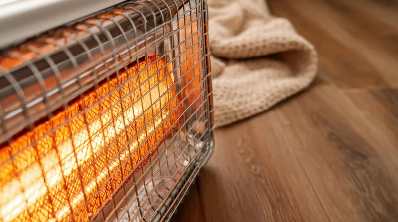 Portable electric heater glowing on wooden floor beside a knitted sweater