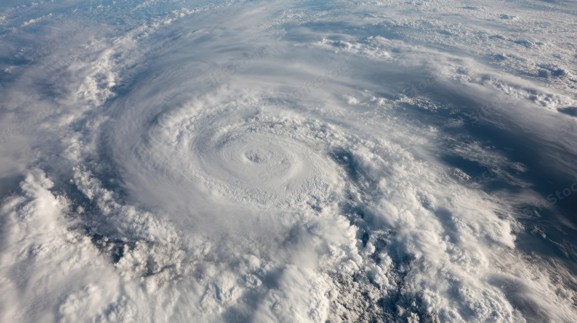 Aerial view of a swirling hurricane with a visible eye over the ocean