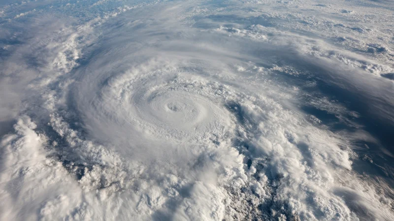 Aerial view of a swirling hurricane with a visible eye over the ocean