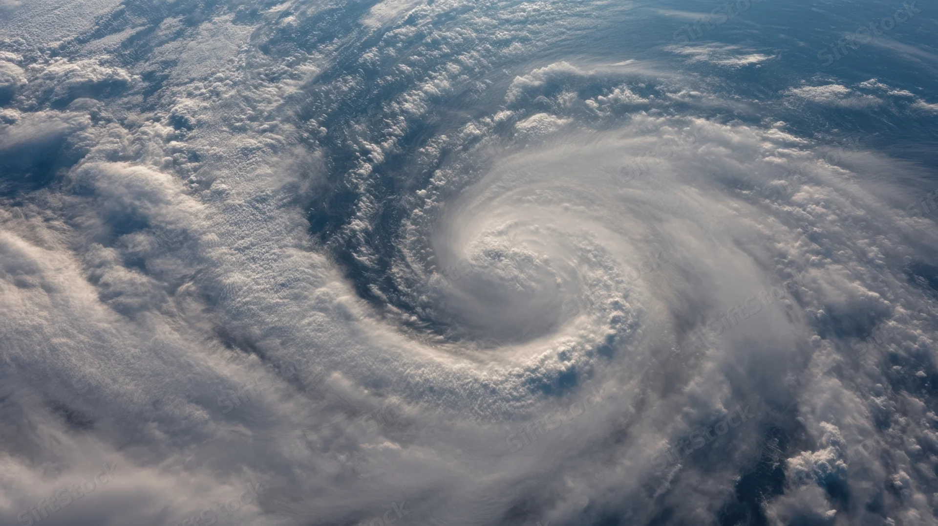 Satellite view of a hurricane forming over the ocean with swirling clouds and spiral structure