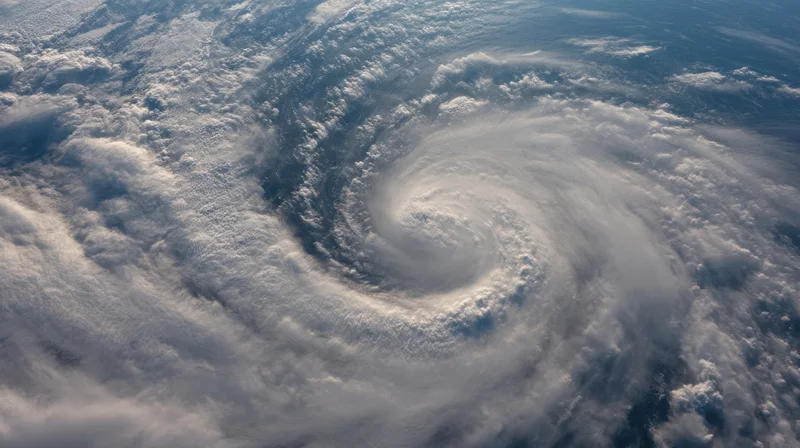 Satellite view of a hurricane forming over the ocean with swirling clouds and spiral structure