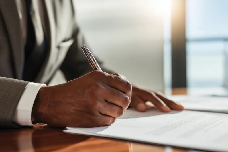 Businessman signing a document at a desk in an office