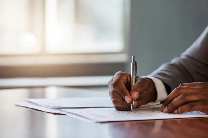 Man in suit signing a document at a desk in an office