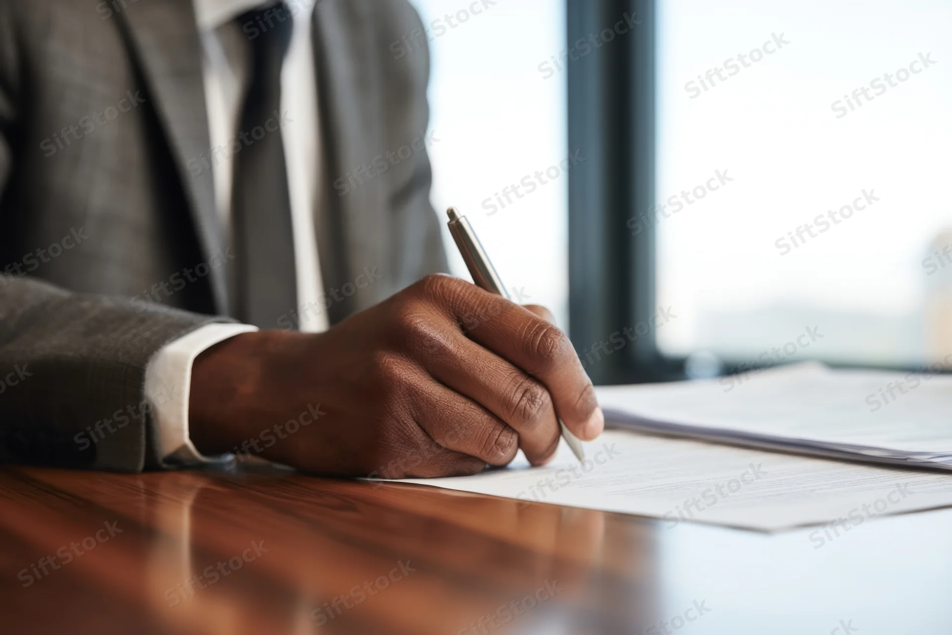 Businessman signing a document at a desk in an office