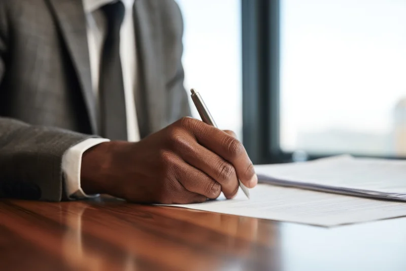 Businessman signing a document at a desk in an office