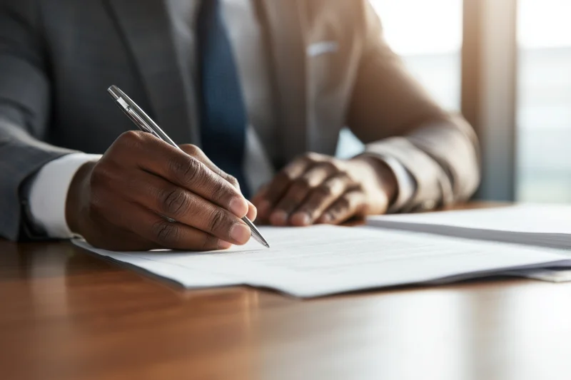 Man in suit signing document at office desk