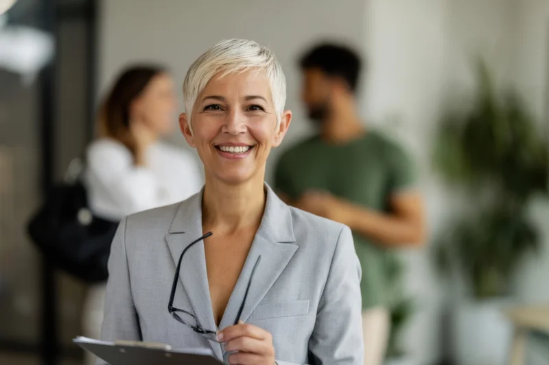Smiling woman in gray suit holding clipboard in office with colleagues in background