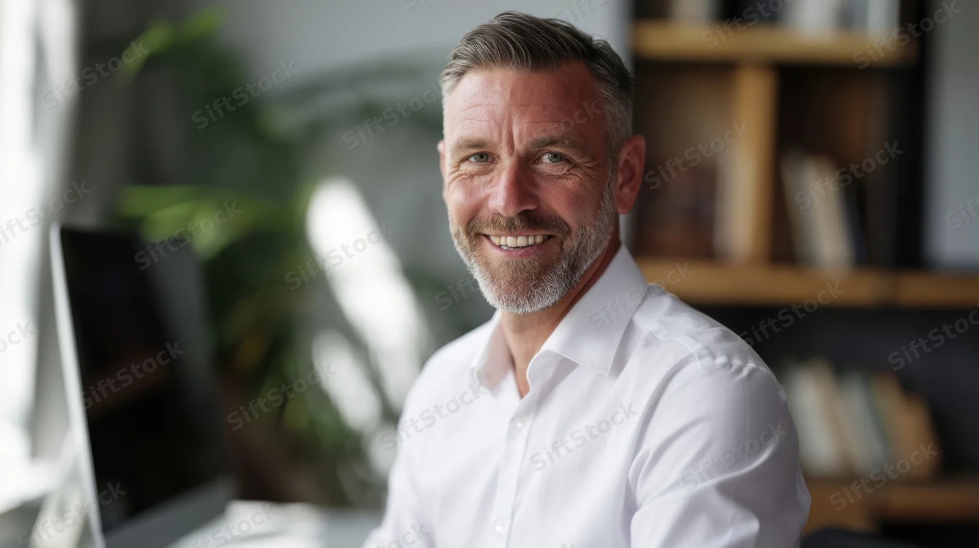 Smiling middle-aged man in white shirt at office desk with computer and bookshelf behind him