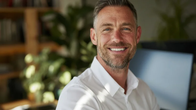 Smiling man in white shirt at office workspace with laptop and plants in background