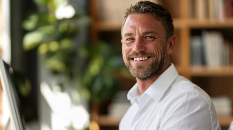 Smiling man in white shirt turning toward camera in office setting