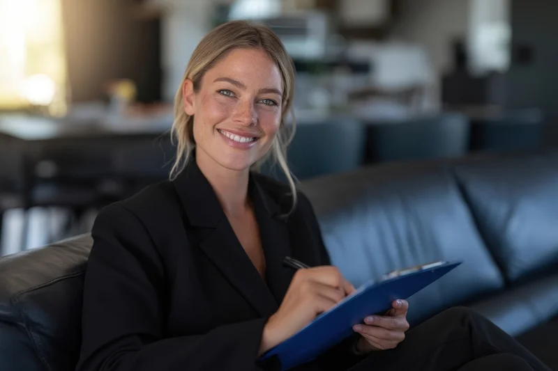 Woman in black suit smiling while writing on clipboard seated on leather couch in office interior
