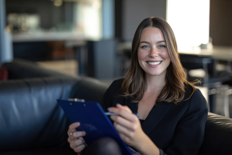 Woman smiling while holding clipboard and pen on leather couch in office setting