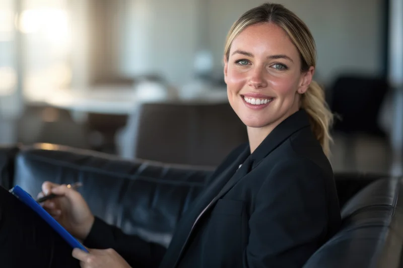 Woman in black suit smiling while holding clipboard and pen on leather couch in office setting