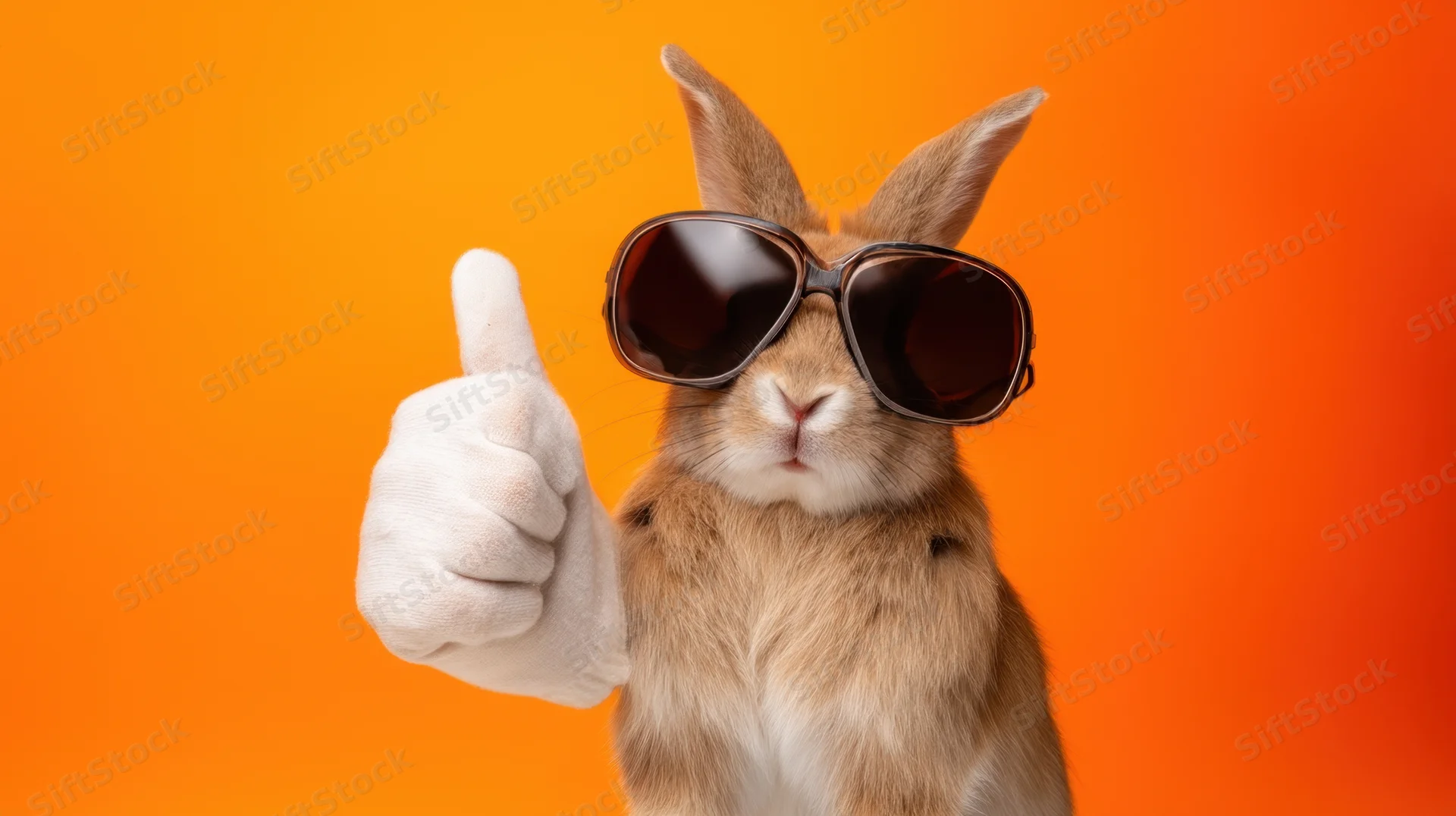 Rabbit wearing sunglasses and giving thumbs up against orange background