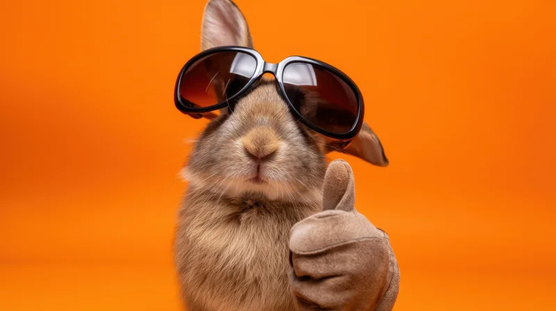 Rabbit wearing sunglasses and giving thumbs up against orange background