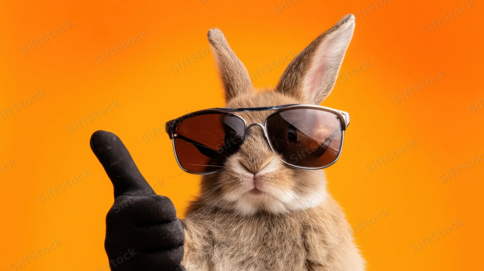 Rabbit wearing sunglasses giving thumbs up against orange background