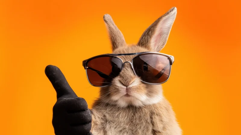 Rabbit wearing sunglasses giving thumbs up against orange background