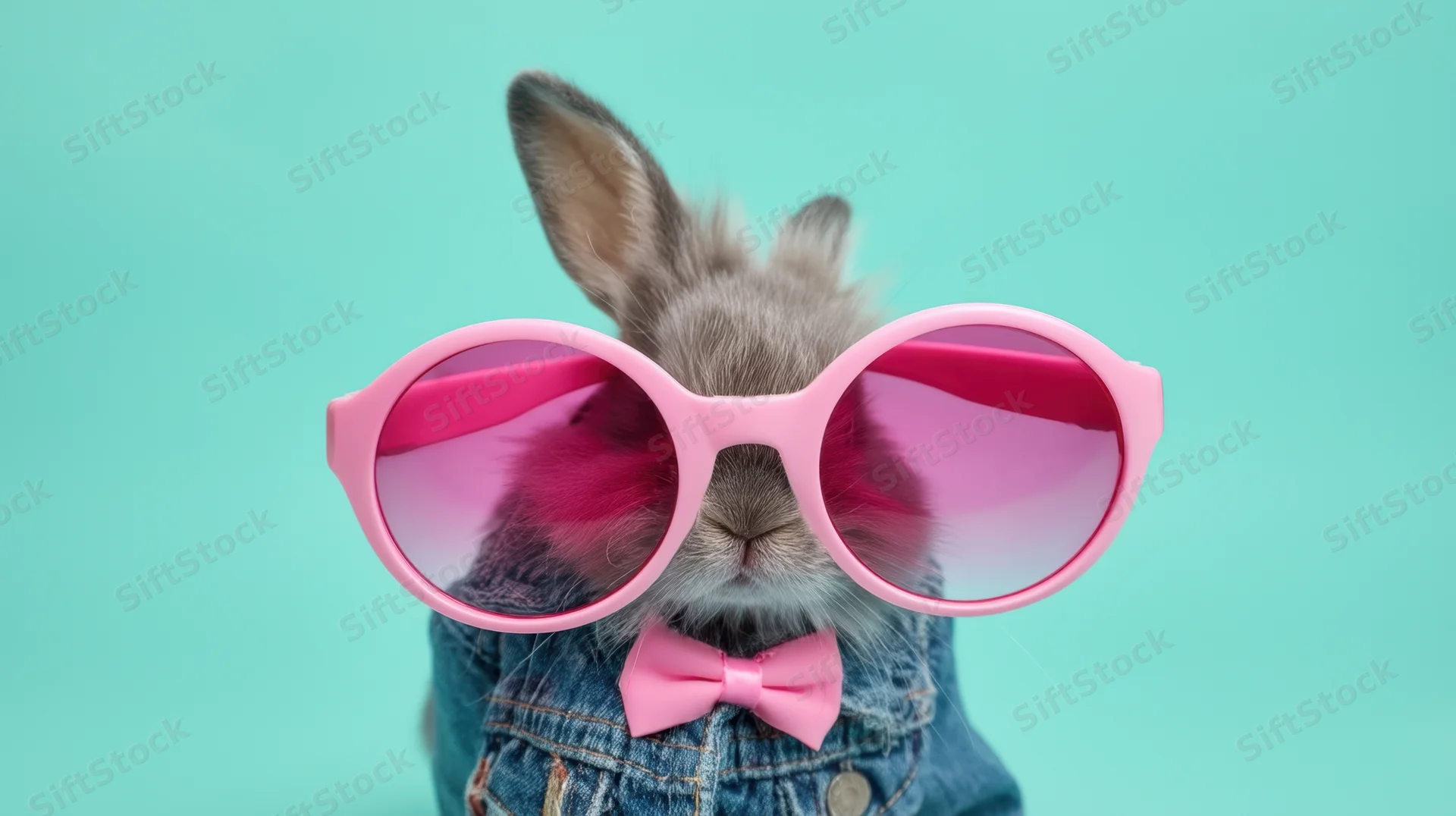 Rabbit wearing pink sunglasses and a denim jacket with a bowtie against a teal background